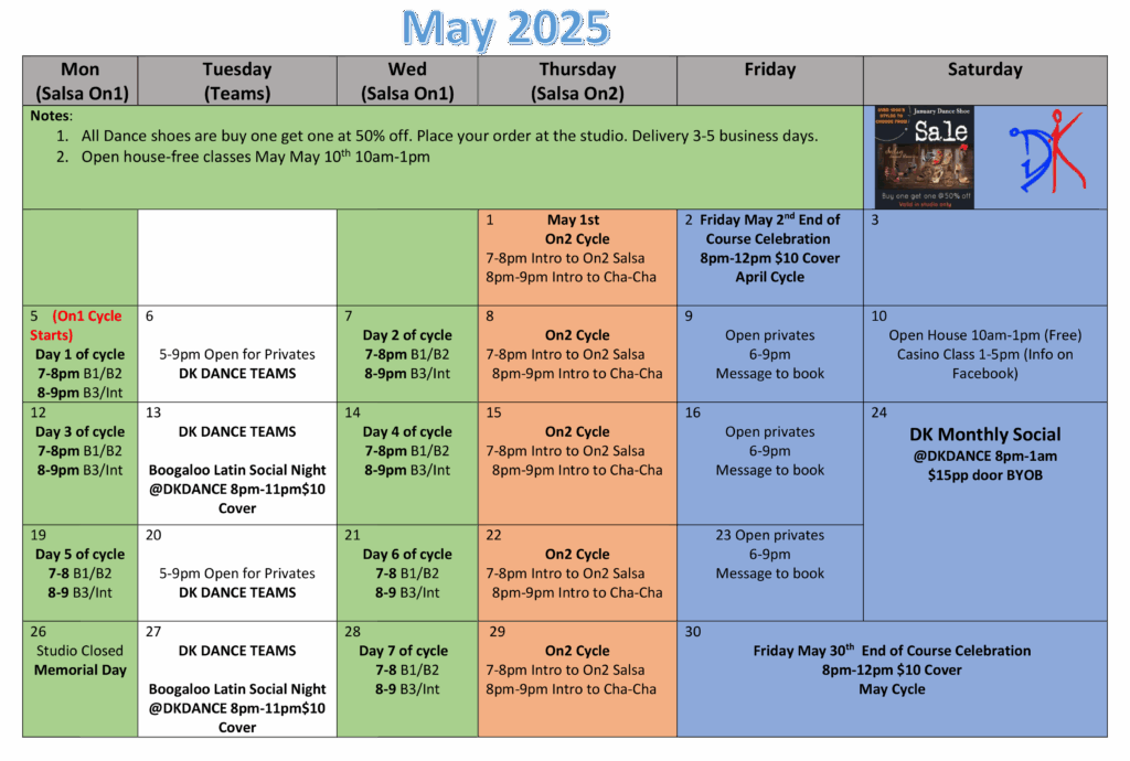 May 2025 DK Calendar Class Schedule